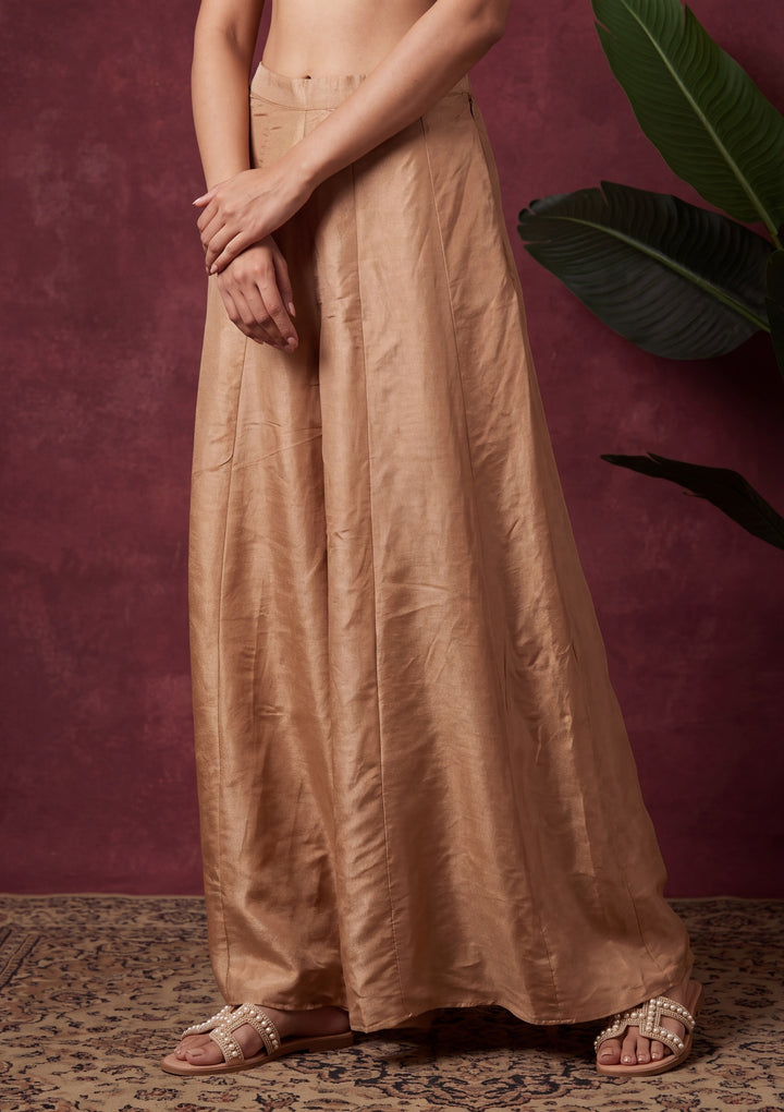 Beige Tissue Pearlwork Straight Kurta With Palazzo And Dupatta