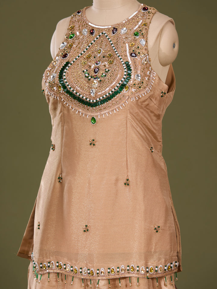 Beige Tissue Pearlwork Straight Kurta With Palazzo And Dupatta