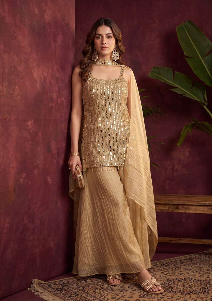 Beige Tissue Mirrorwork Straight Kurta With Palazzo And Dupatta