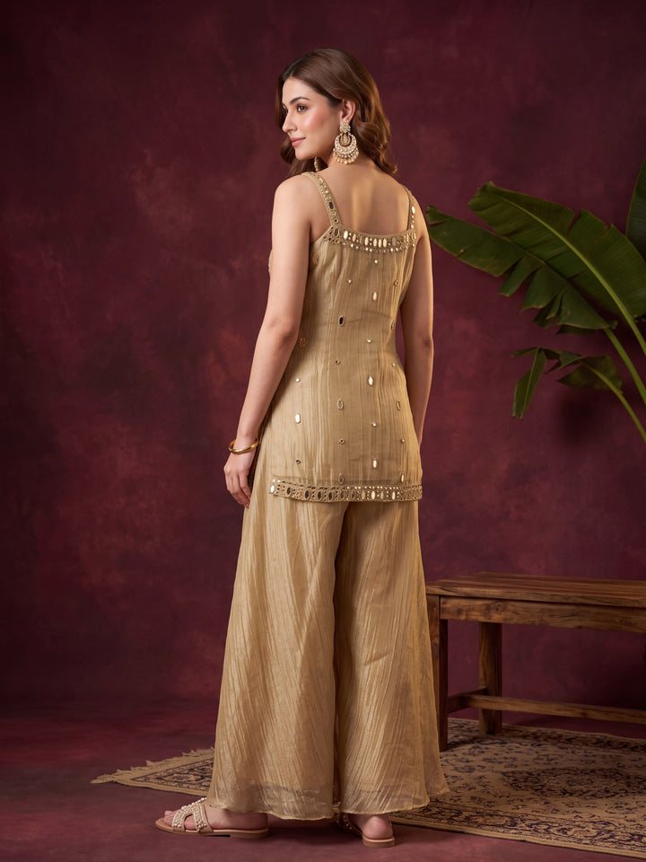 Beige Tissue Mirrorwork Straight Kurta With Palazzo And Dupatta