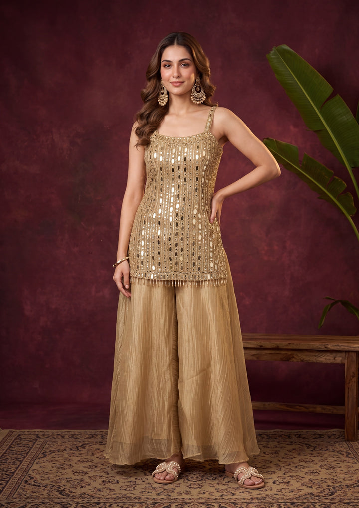 Beige Tissue Mirrorwork Straight Kurta With Palazzo And Dupatta