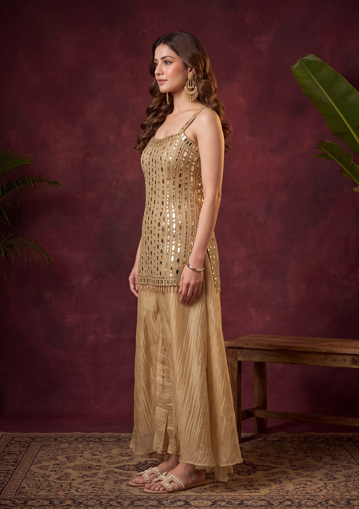 Beige Tissue Mirrorwork Straight Kurta With Palazzo And Dupatta
