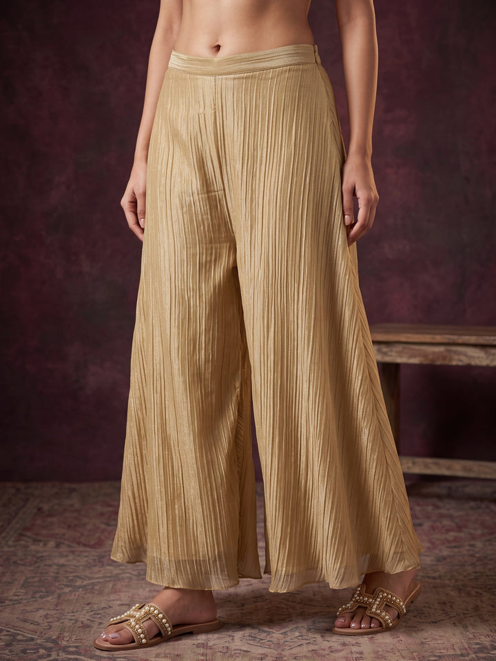 Beige Tissue Mirrorwork Straight Kurta With Palazzo And Dupatta
