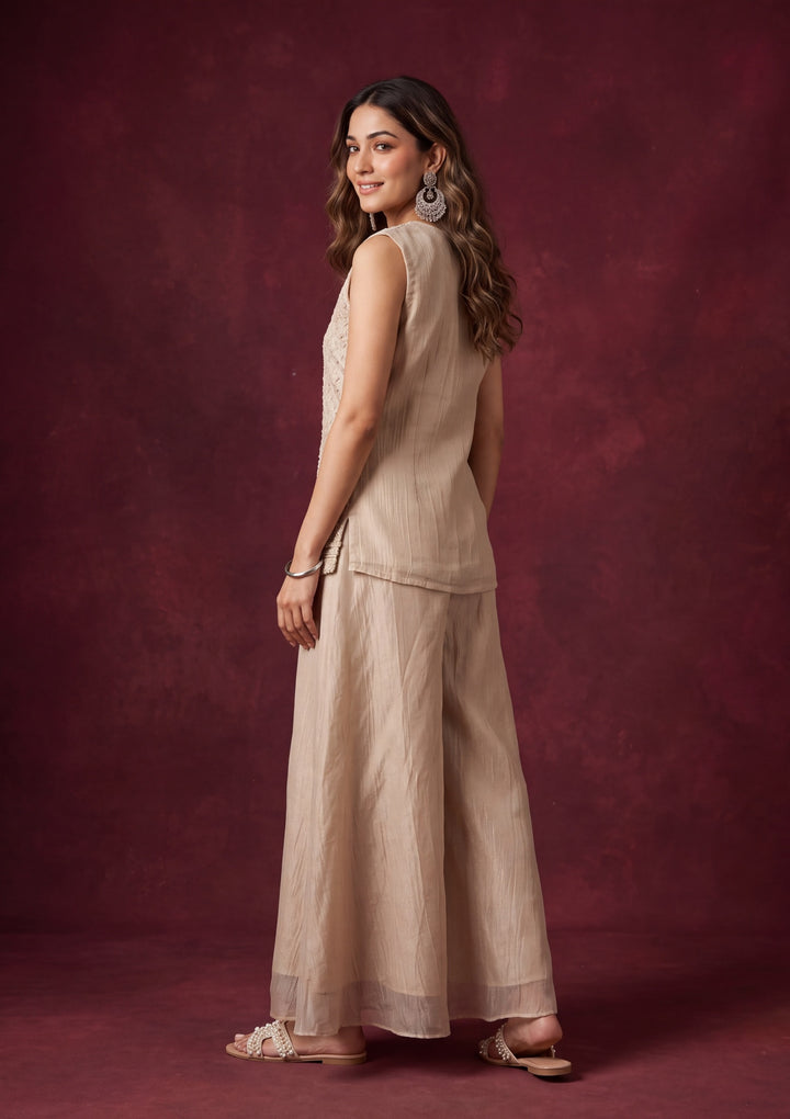 Beige Tissue Cutdana Jacket Kurta With Palazzo And Dupatta