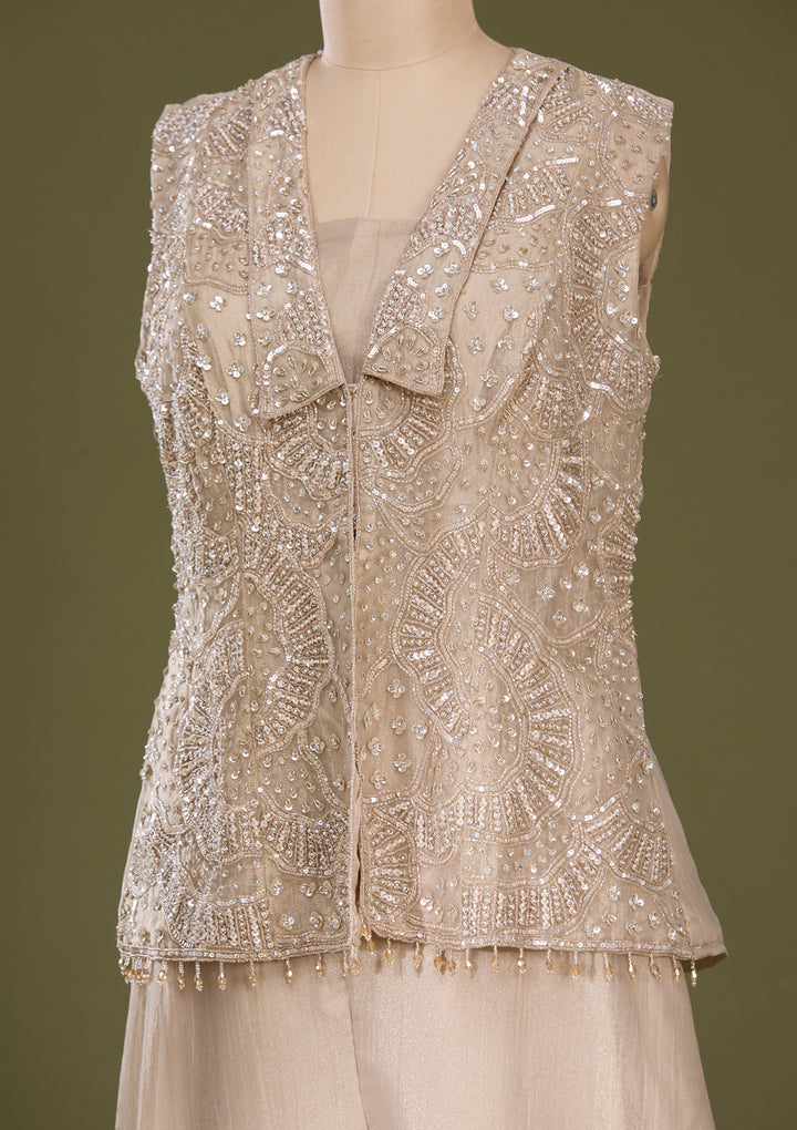 Beige Tissue Cutdana Jacket Kurta With Palazzo And Dupatta