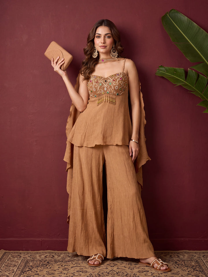 Light Brown Tissue Cutdana Peplum Kurta With Palazzo And Dupatta