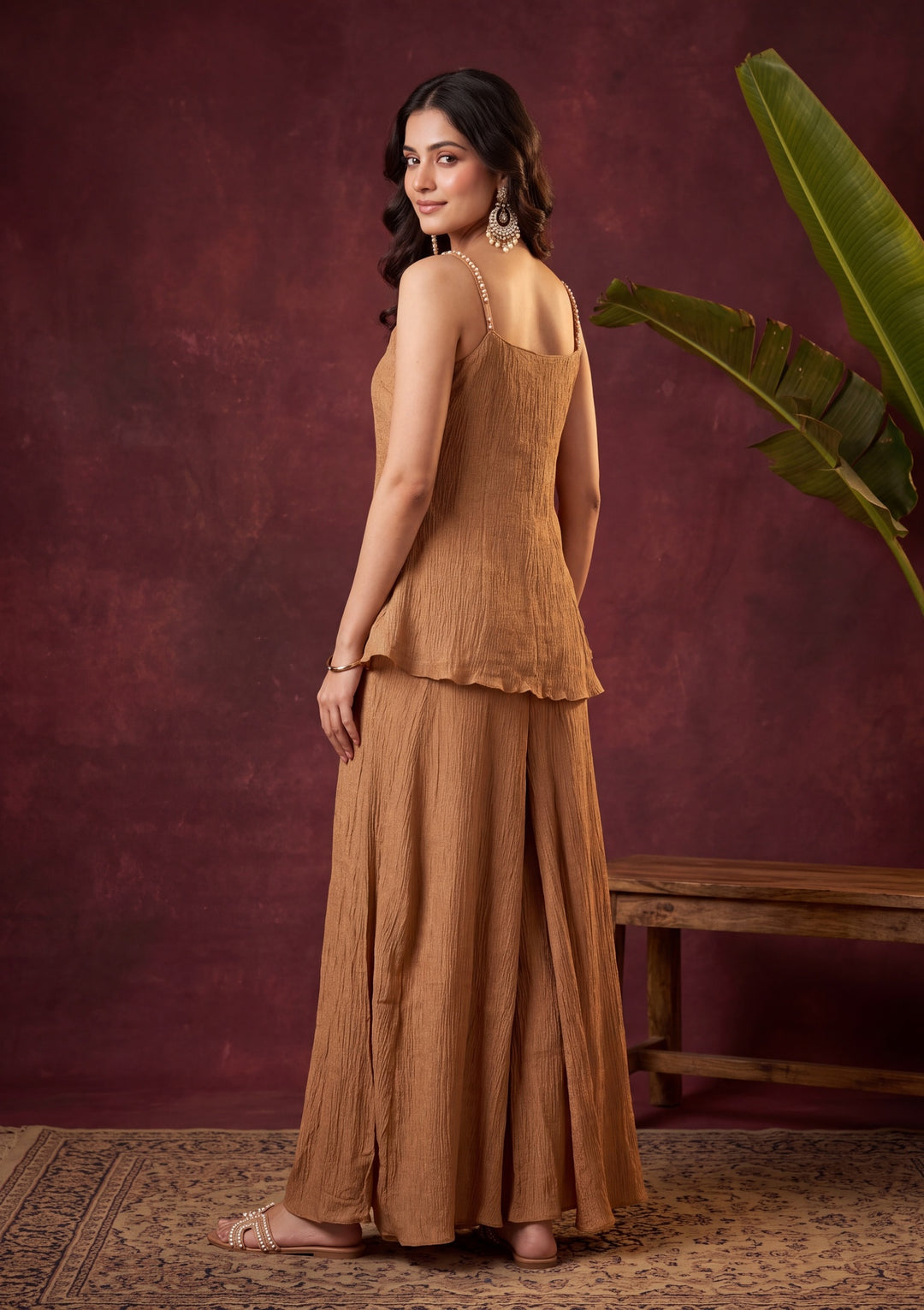 Light Brown Tissue Cutdana Peplum Kurta With Palazzo And Dupatta