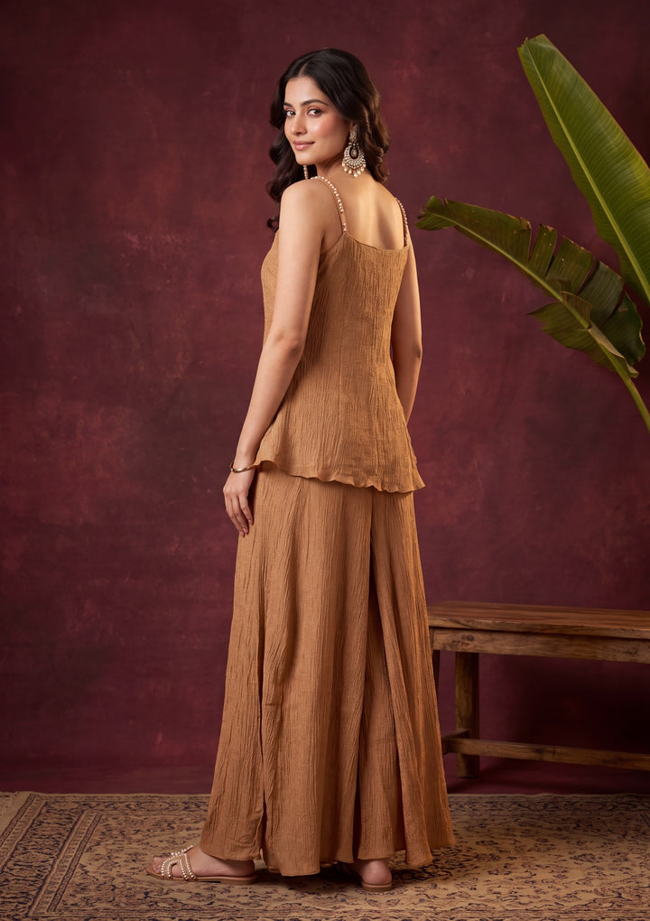 Light Brown Tissue Cutdana Peplum Kurta With Palazzo And Dupatta