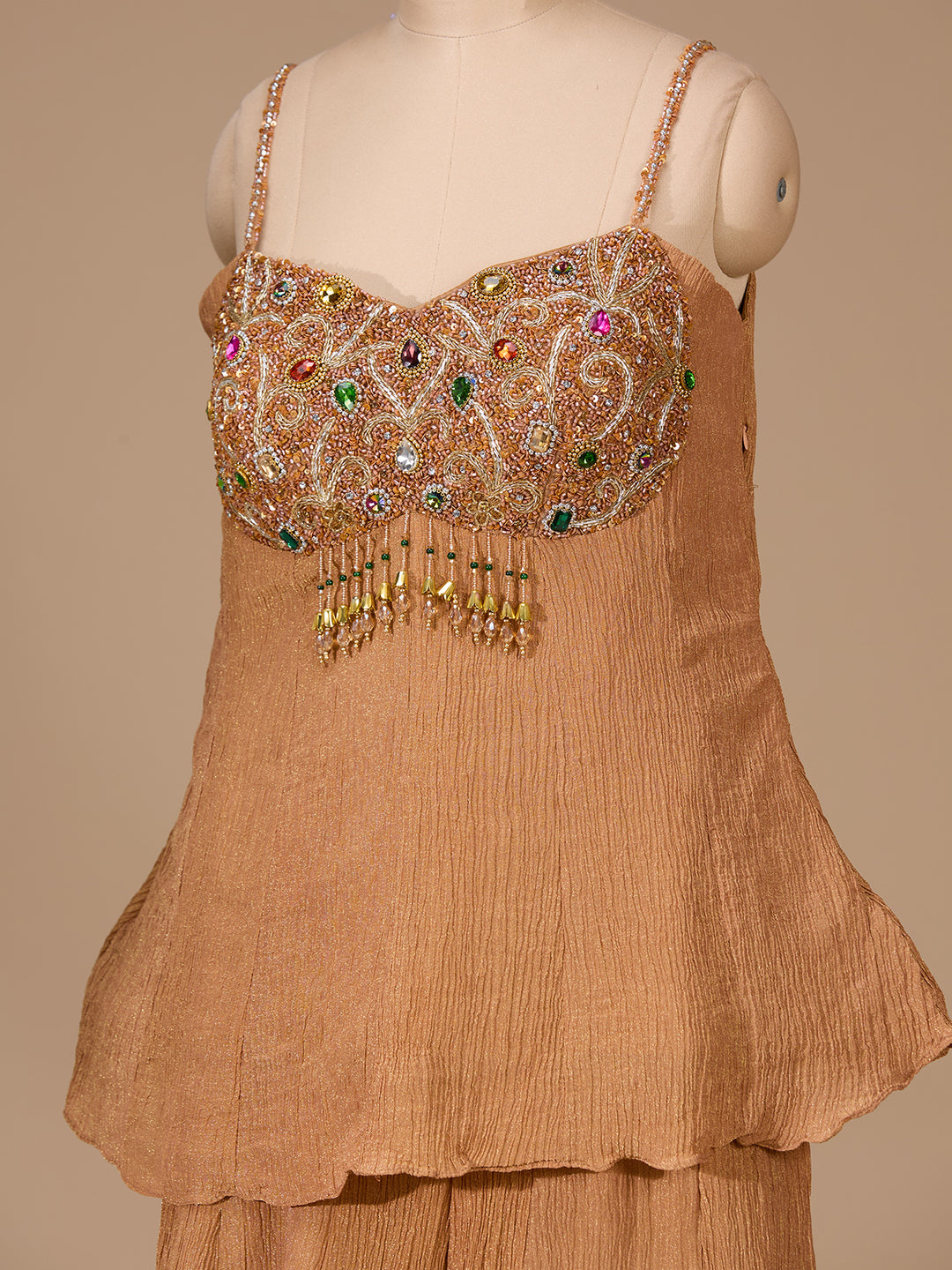 Light Brown Tissue Cutdana Peplum Kurta With Palazzo And Dupatta