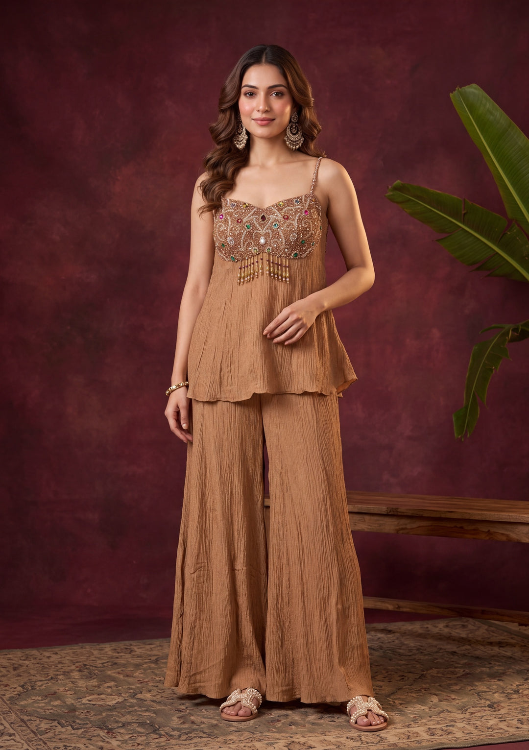Light Brown Tissue Cutdana Peplum Kurta With Palazzo And Dupatta