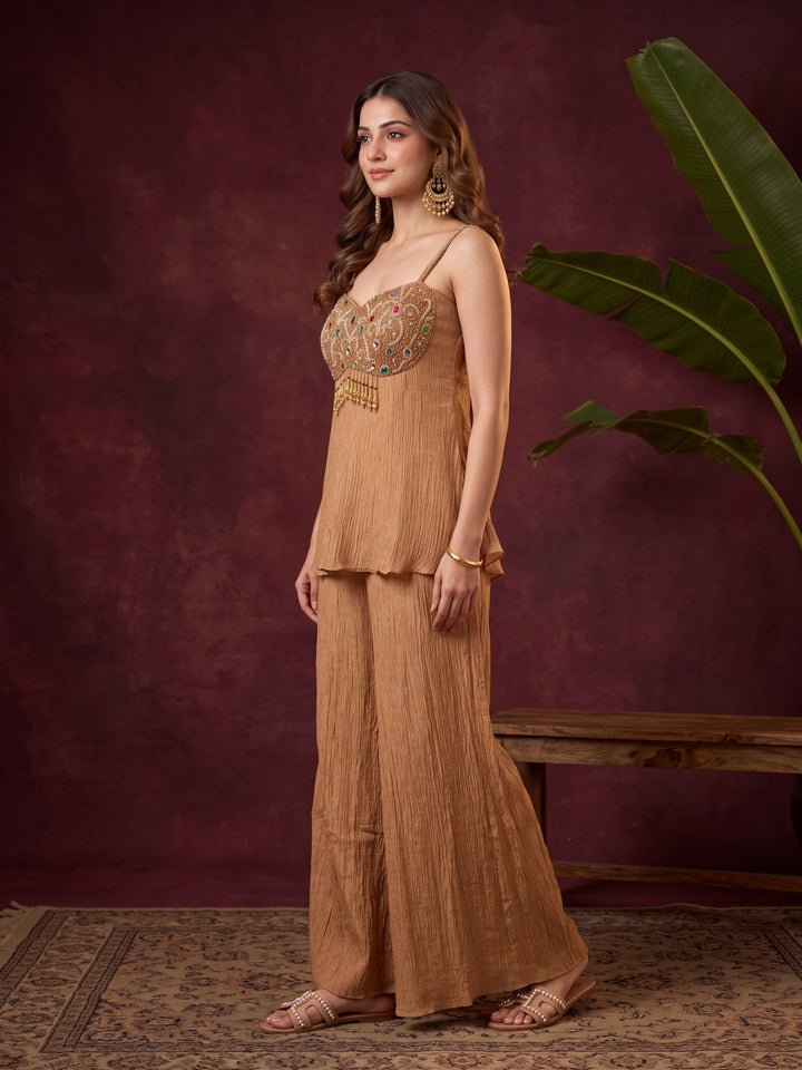 Light Brown Tissue Cutdana Peplum Kurta With Palazzo And Dupatta
