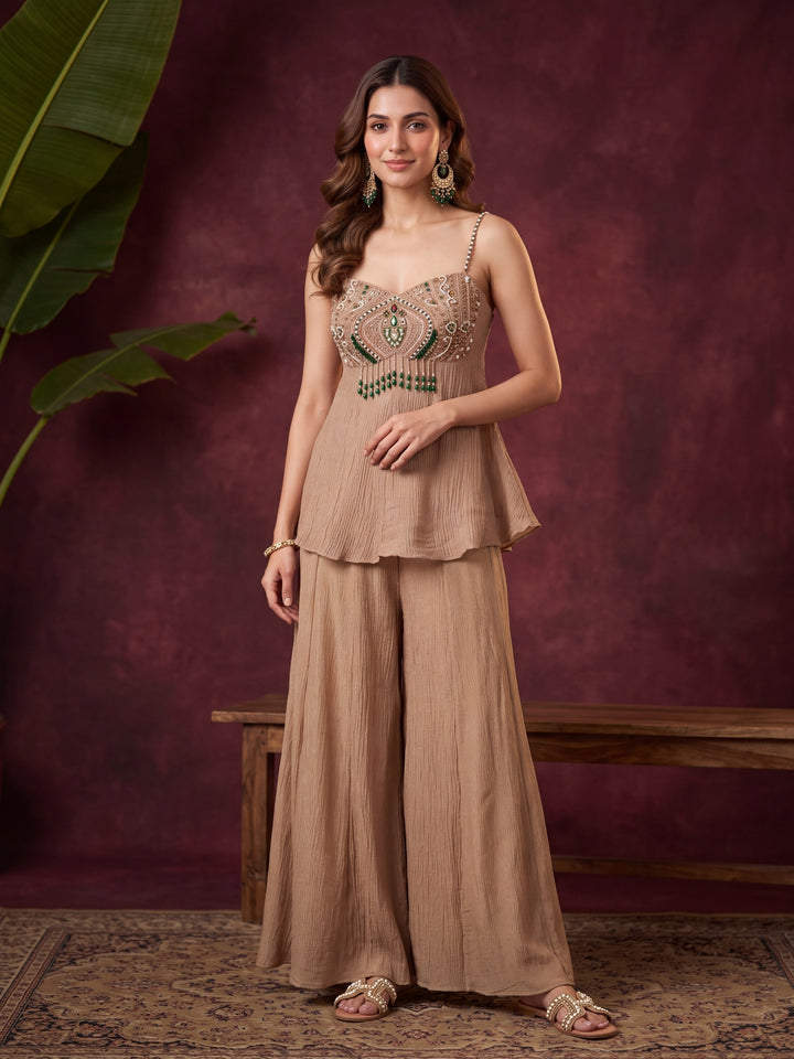 Light Brown Tissue Pearlwork Peplum Kurta With Palazzo And Dupatta