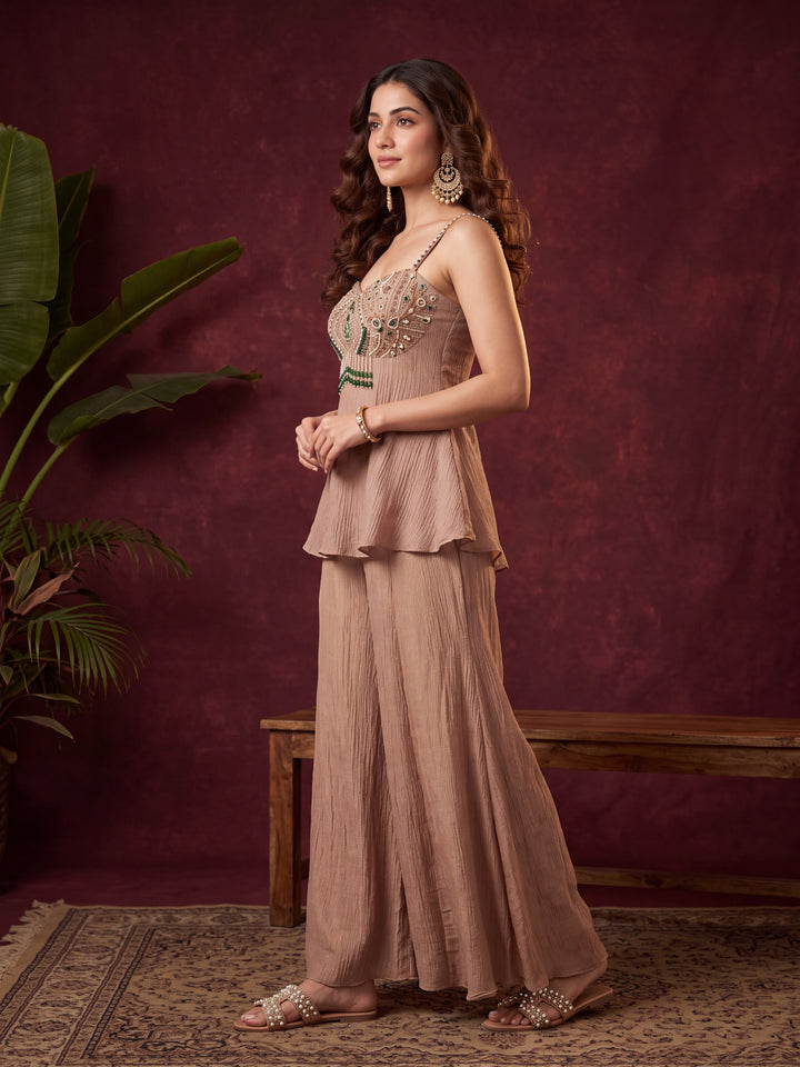 Light Brown Tissue Pearlwork Peplum Kurta With Palazzo And Dupatta