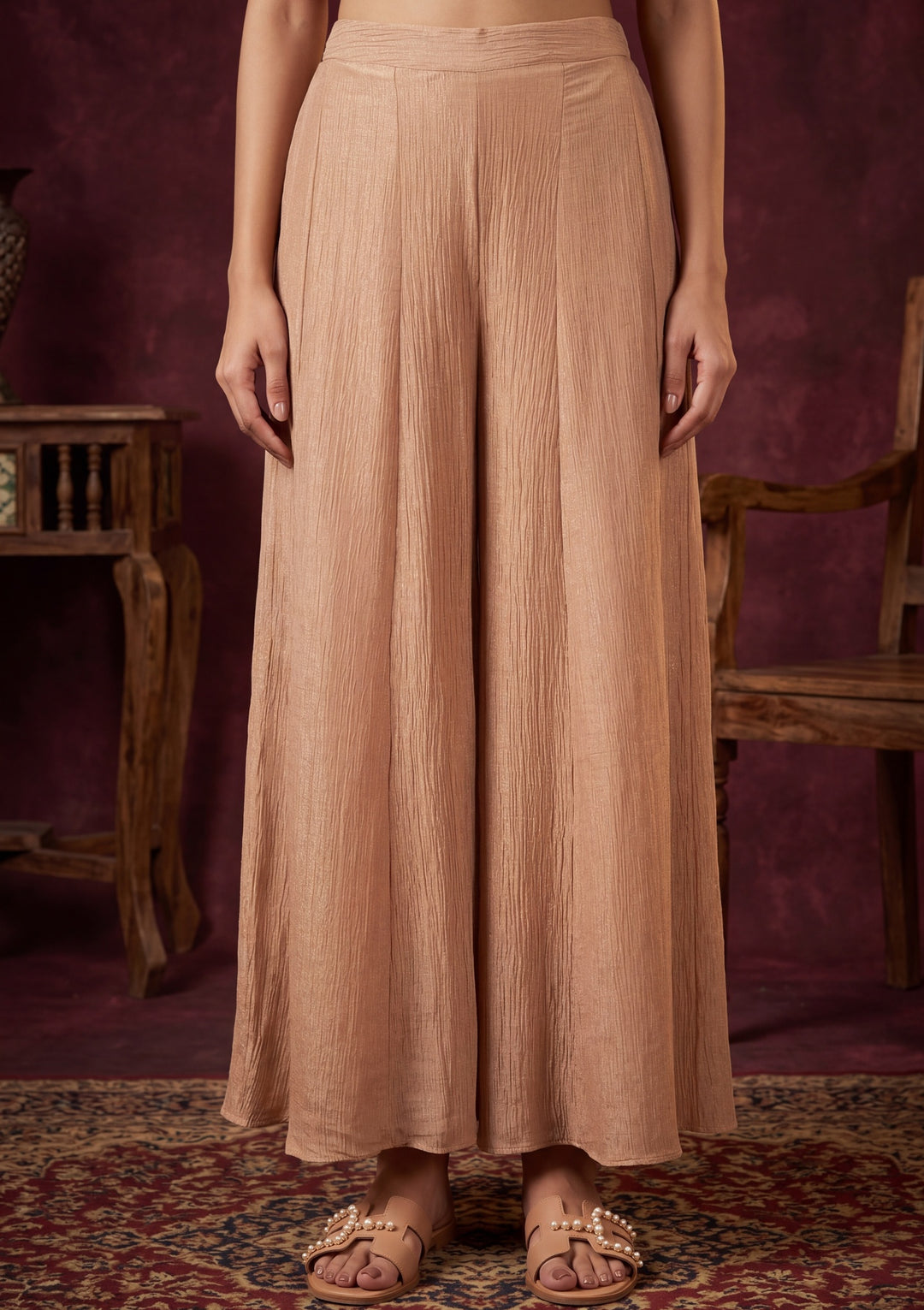 Light Brown Tissue Pearlwork Peplum Kurta With Palazzo And Dupatta