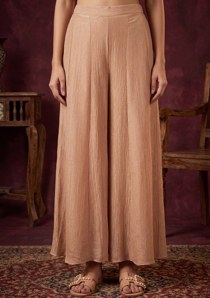 Light Brown Tissue Pearlwork Peplum Kurta With Palazzo And Dupatta