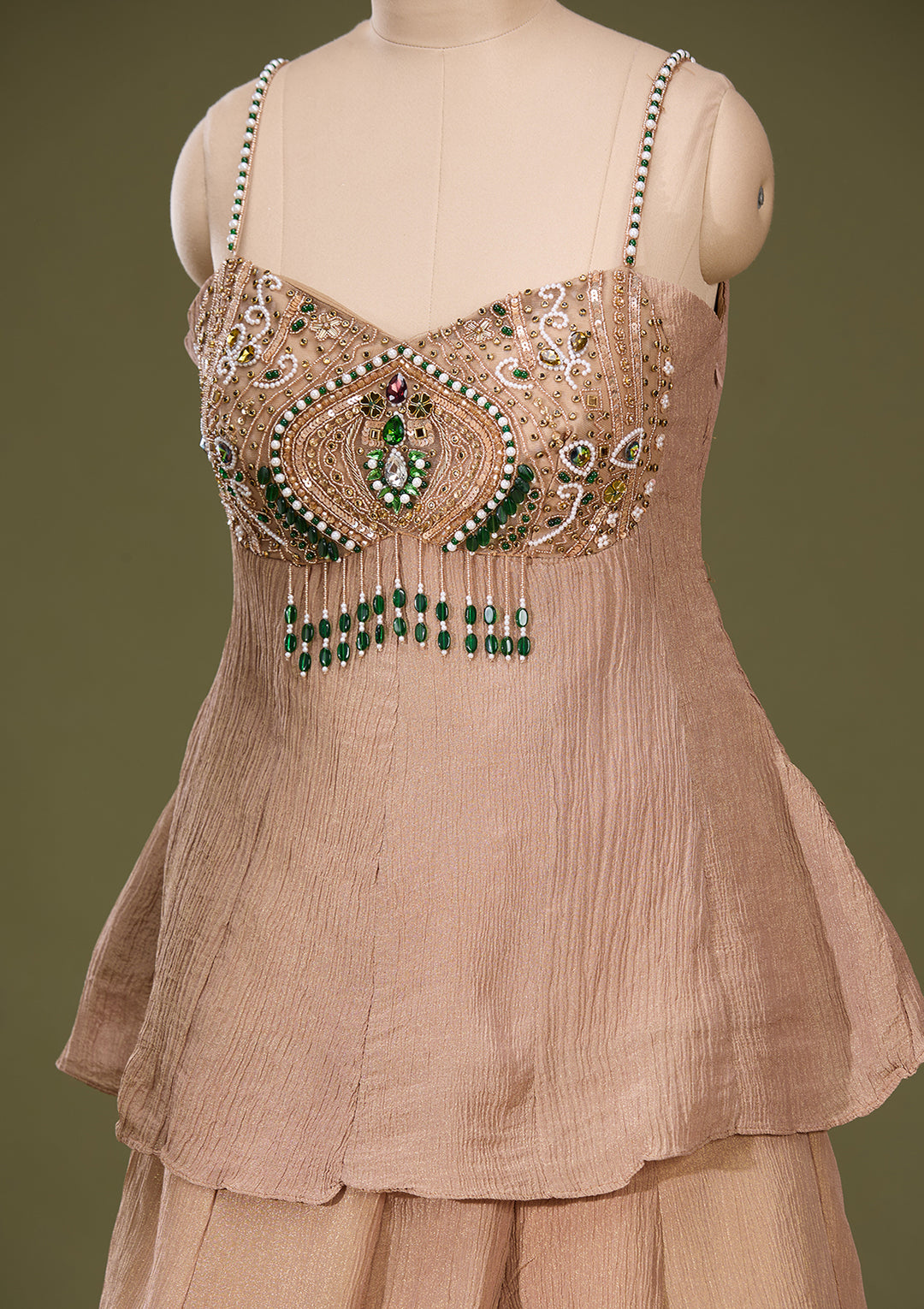 Light Brown Tissue Pearlwork Peplum Kurta With Palazzo And Dupatta