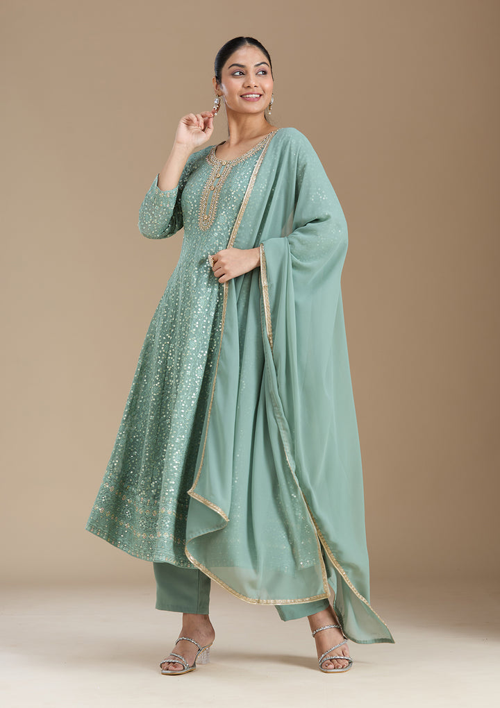 Sea Green Sequins Georgette Readymade Salwar Suit