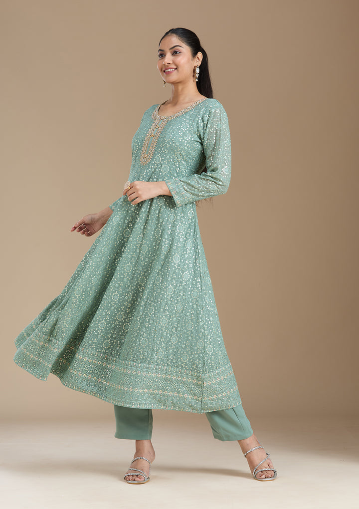 Sea Green Sequins Georgette Readymade Salwar Suit