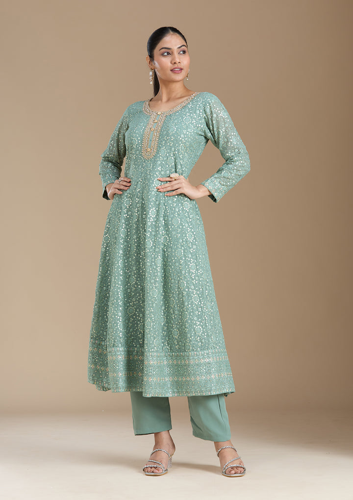 Sea Green Sequins Georgette Readymade Salwar Suit