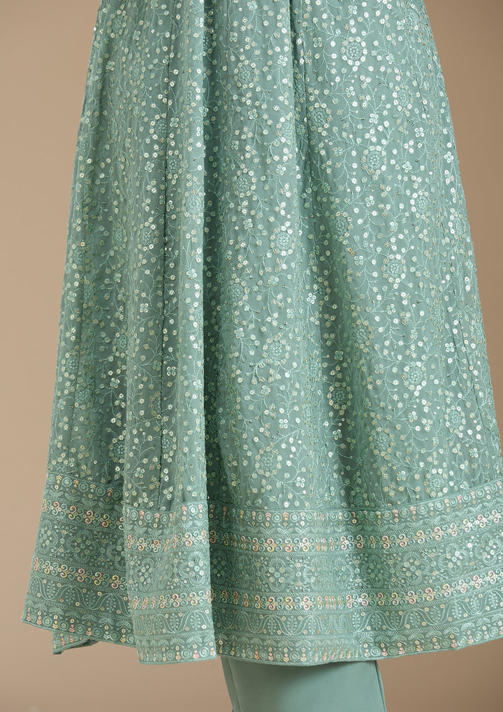 Sea Green Sequins Georgette Readymade Salwar Suit