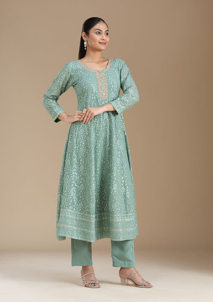 Sea Green Sequins Georgette Readymade Salwar Suit