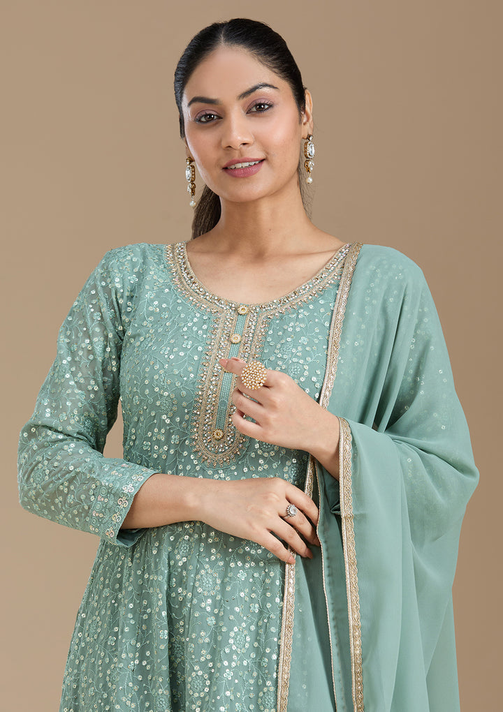 Sea Green Sequins Georgette Readymade Salwar Suit