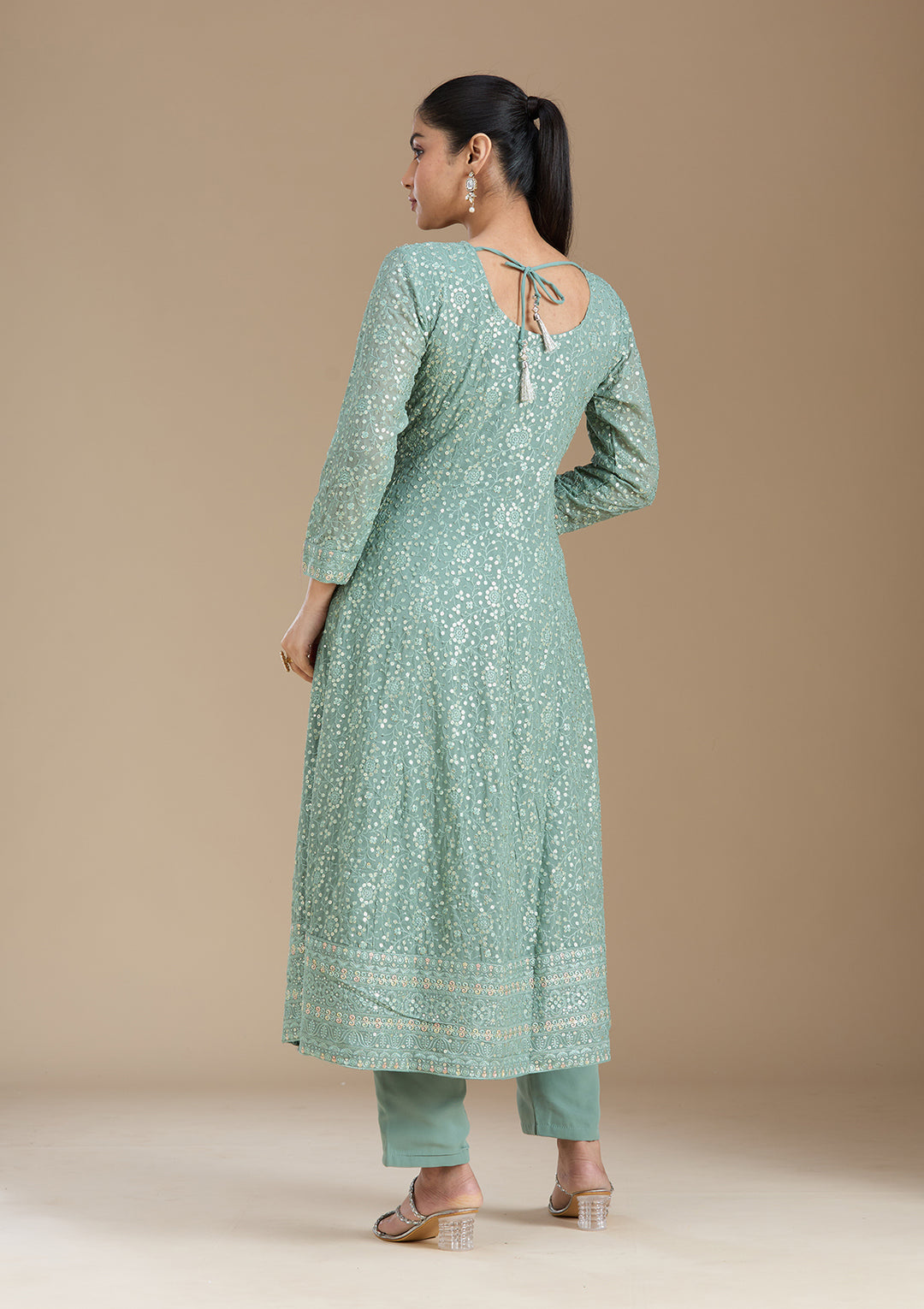 Sea Green Sequins Georgette Readymade Salwar Suit