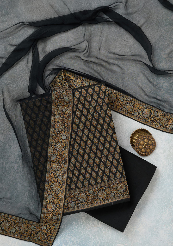 Black Silk Gold Zariwork Unstitched Dress Material With Matching Bottom And Dupatta