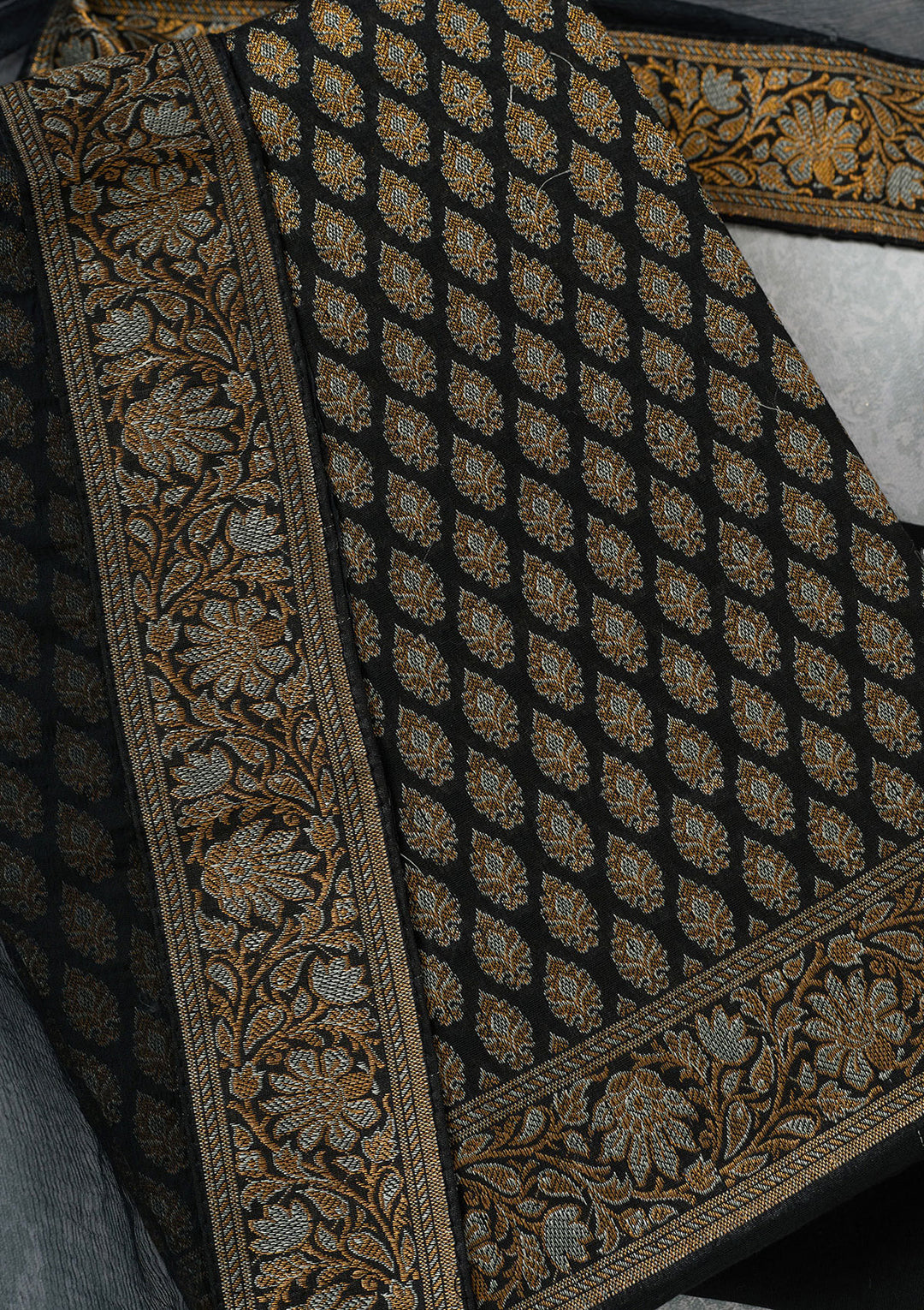 Black Silk Gold Zariwork Unstitched Dress Material With Matching Bottom And Dupatta