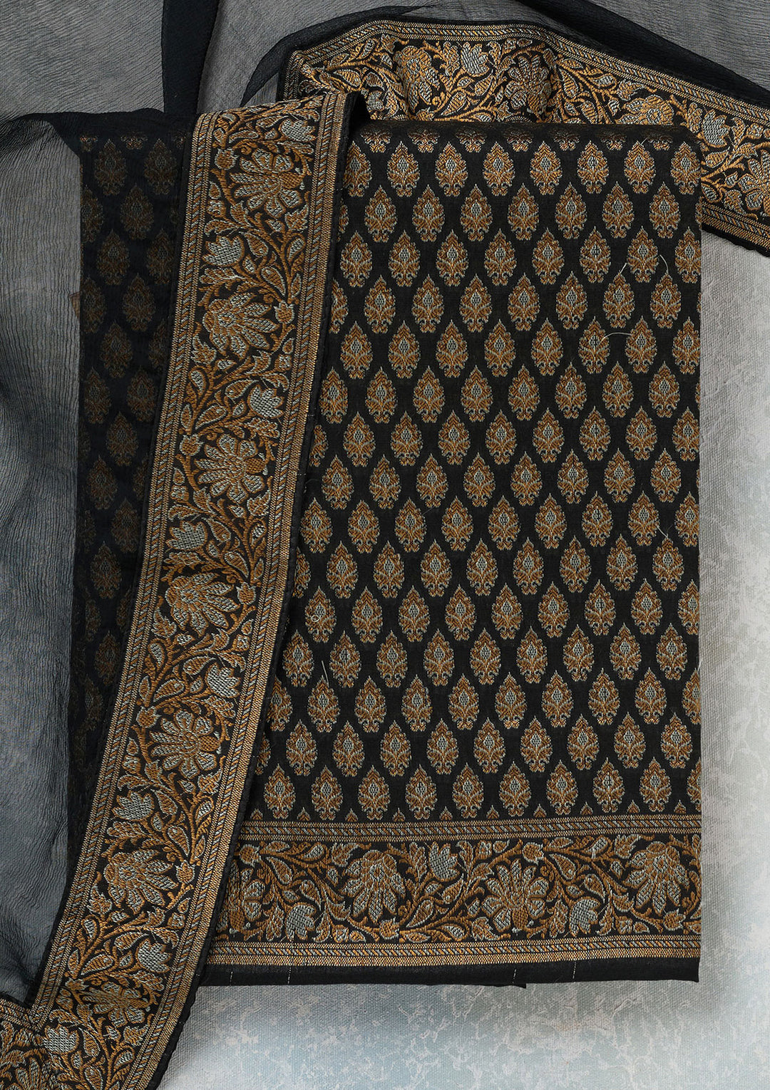 Black Silk Gold Zariwork Unstitched Dress Material With Matching Bottom And Dupatta
