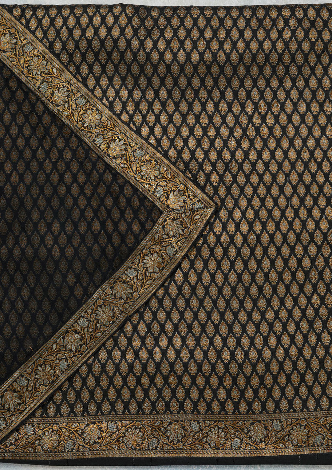 Black Silk Gold Zariwork Unstitched Dress Material With Matching Bottom And Dupatta