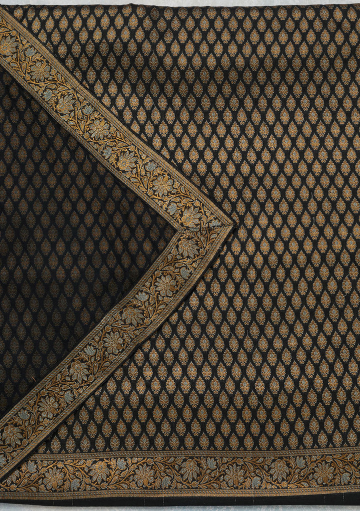 Black Silk Gold Zariwork Unstitched Dress Material With Matching Bottom And Dupatta