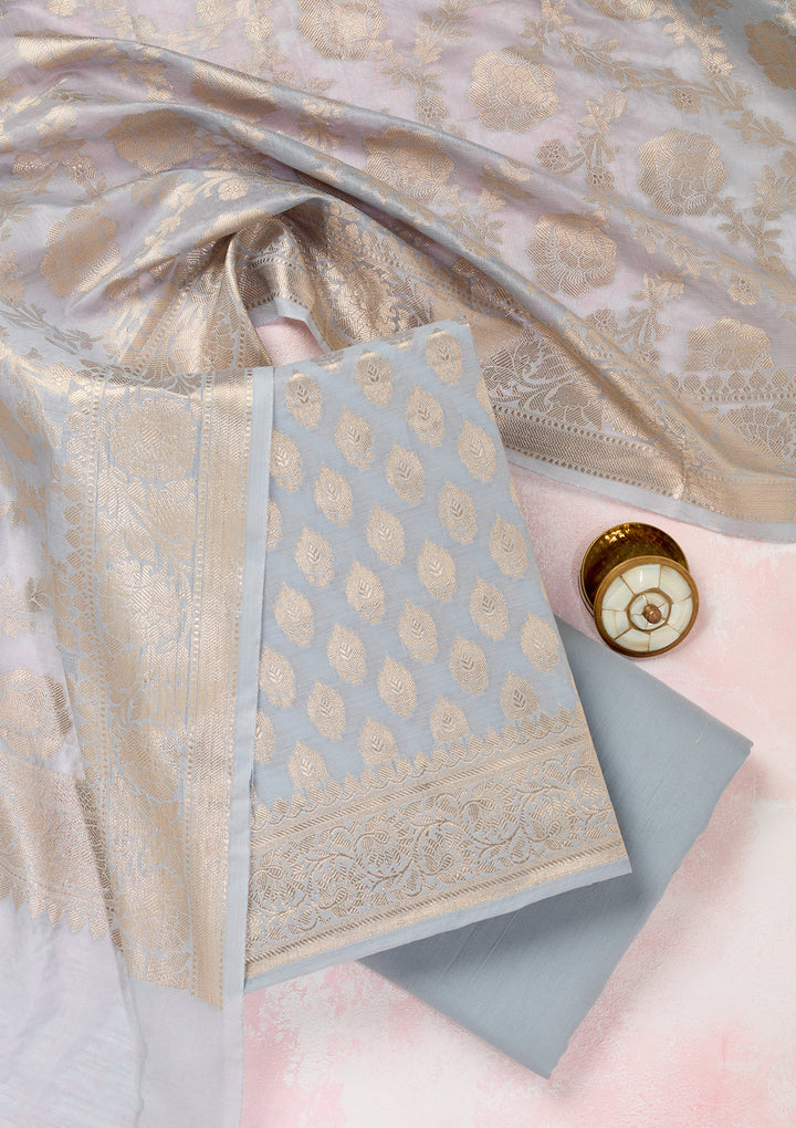 Grey Zariwork Banarasi Unstitched Salwar Suit