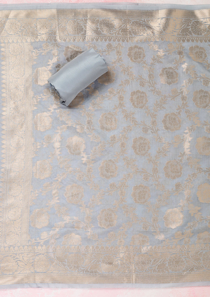 Grey Zariwork Banarasi Unstitched Salwar Suit