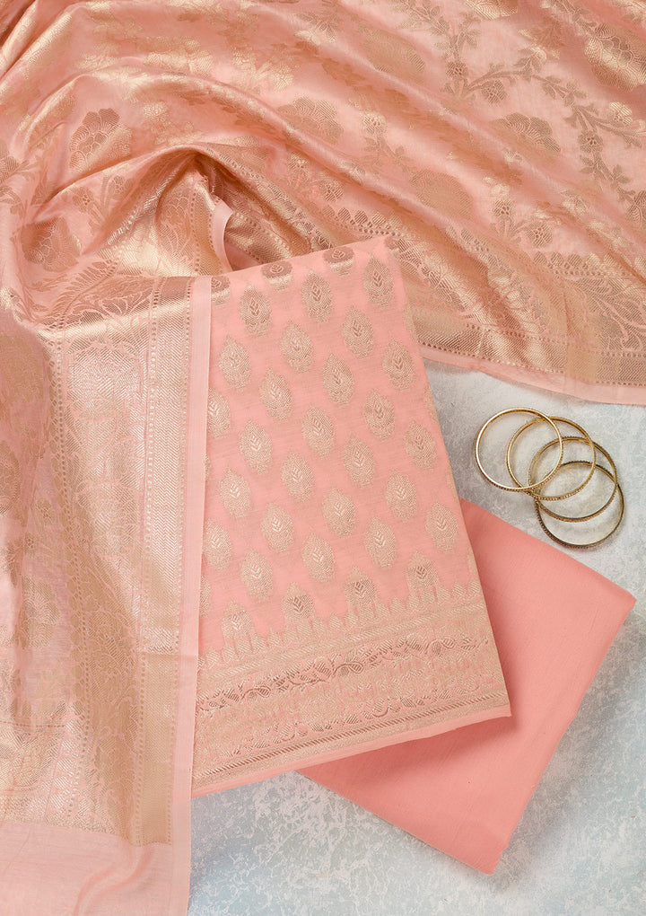Peach Silk Gold Zariwork Unstitched Dress Material With Matching Bottom And Dupatta