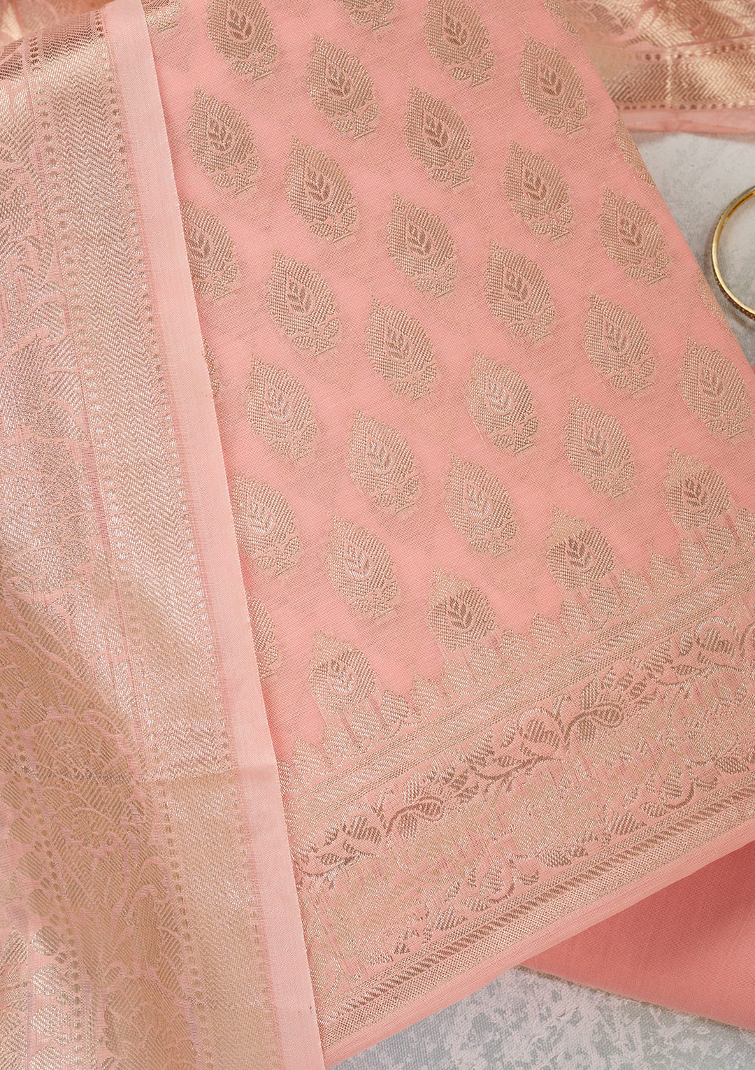 Peach Silk Gold Zariwork Unstitched Dress Material With Matching Bottom And Dupatta