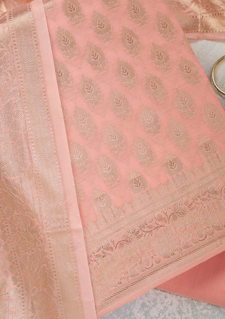 Peach Silk Gold Zariwork Unstitched Dress Material With Matching Bottom And Dupatta