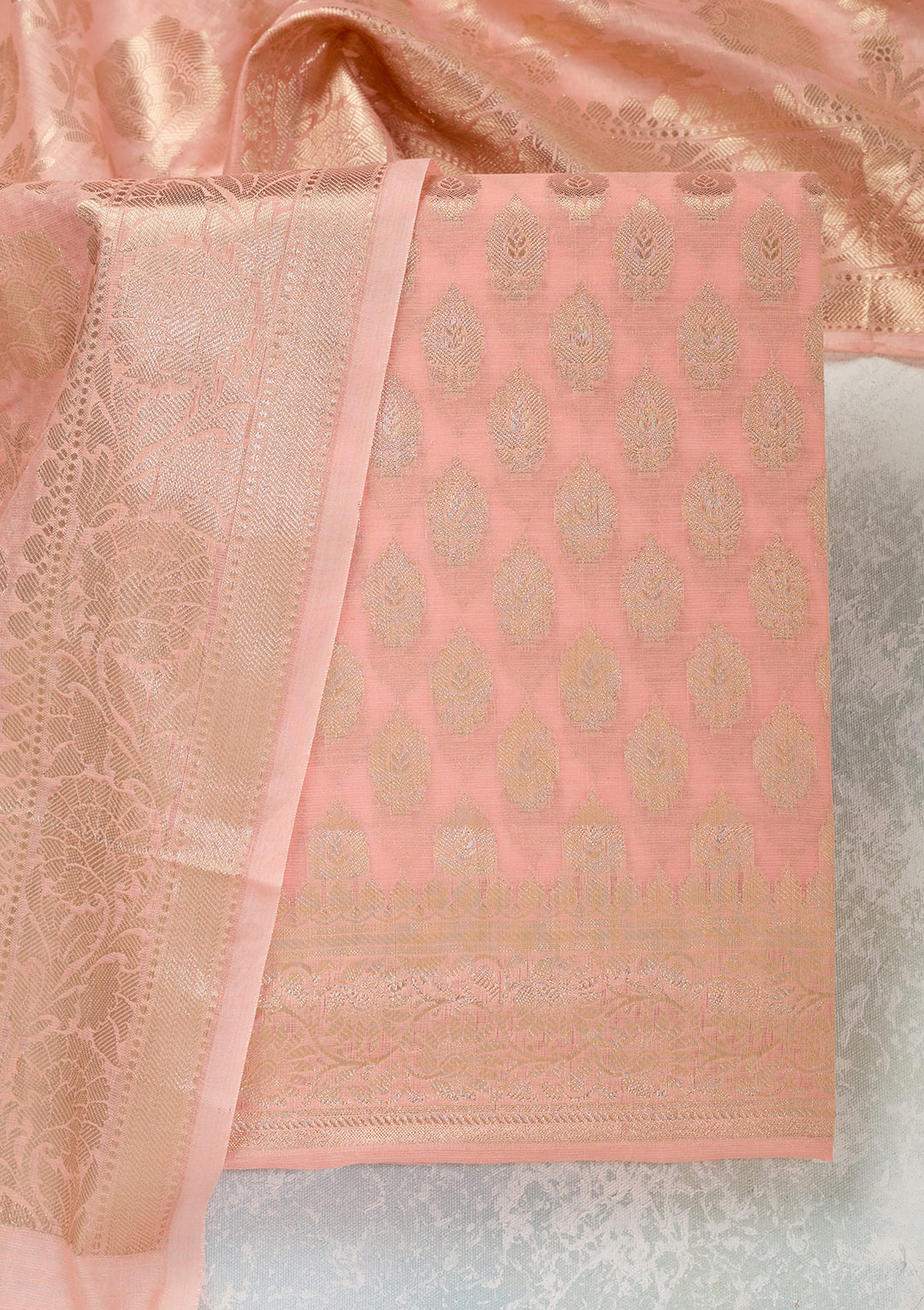 Peach Silk Gold Zariwork Unstitched Dress Material With Matching Bottom And Dupatta