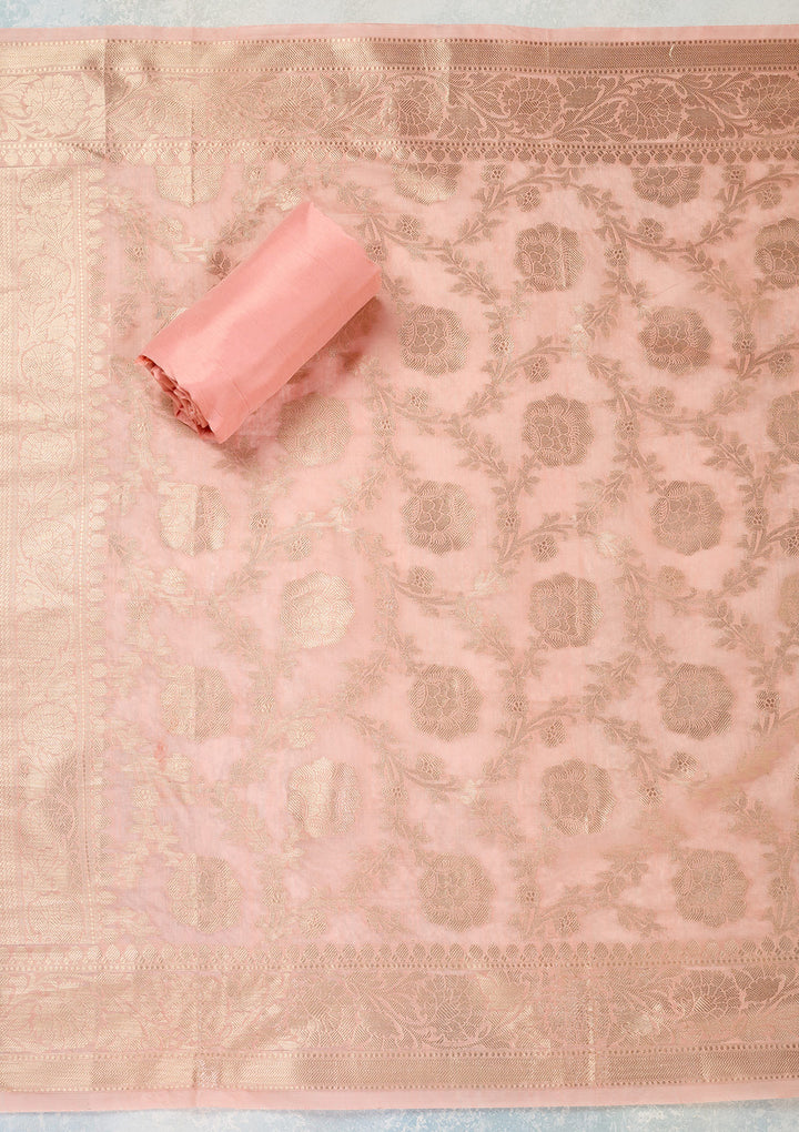 Peach Silk Gold Zariwork Unstitched Dress Material With Matching Bottom And Dupatta