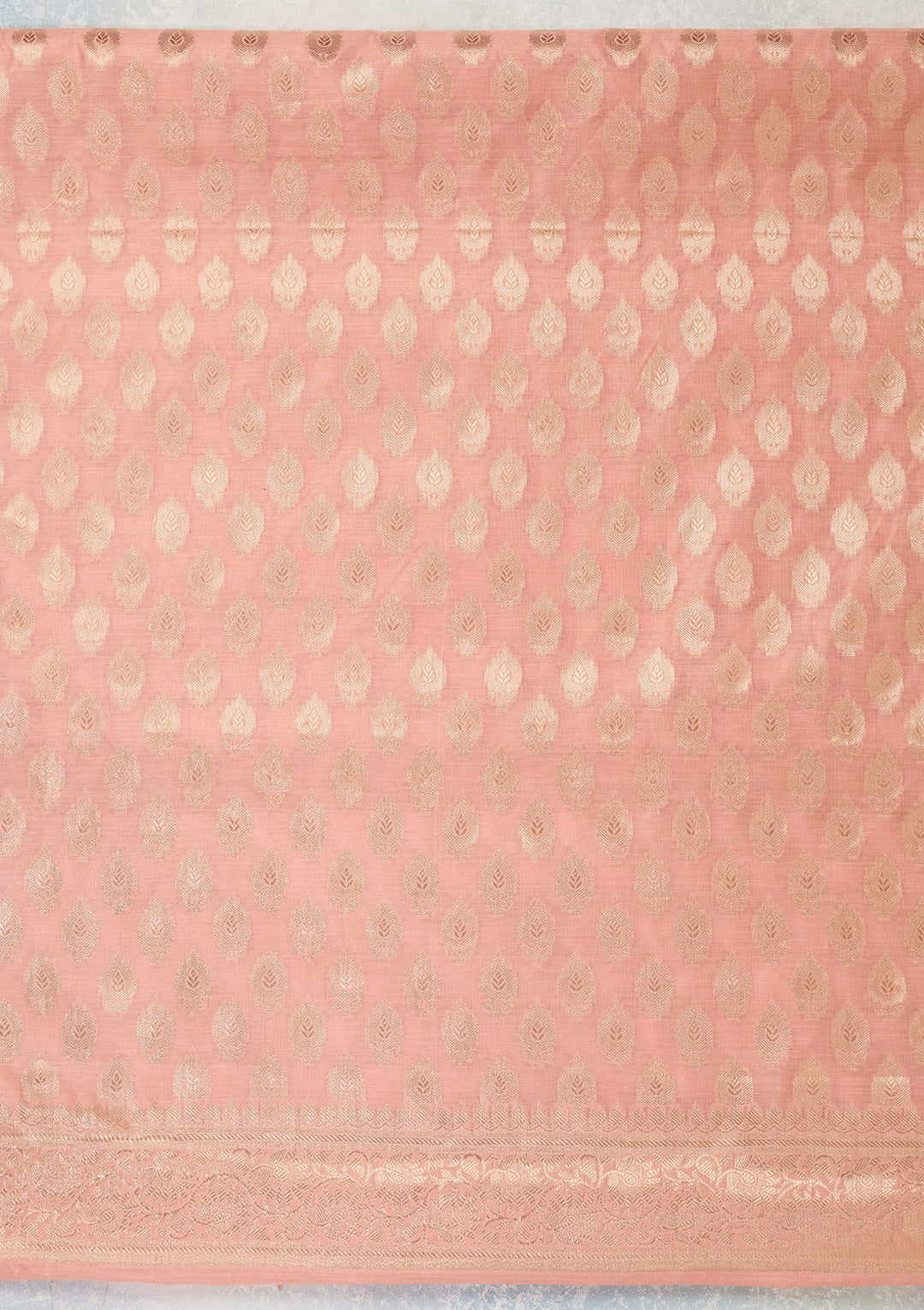 Peach Silk Gold Zariwork Unstitched Dress Material With Matching Bottom And Dupatta