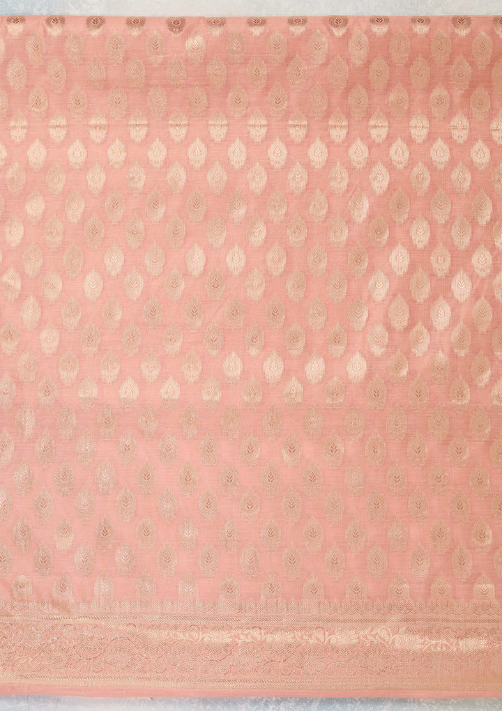 Peach Silk Gold Zariwork Unstitched Dress Material With Matching Bottom And Dupatta