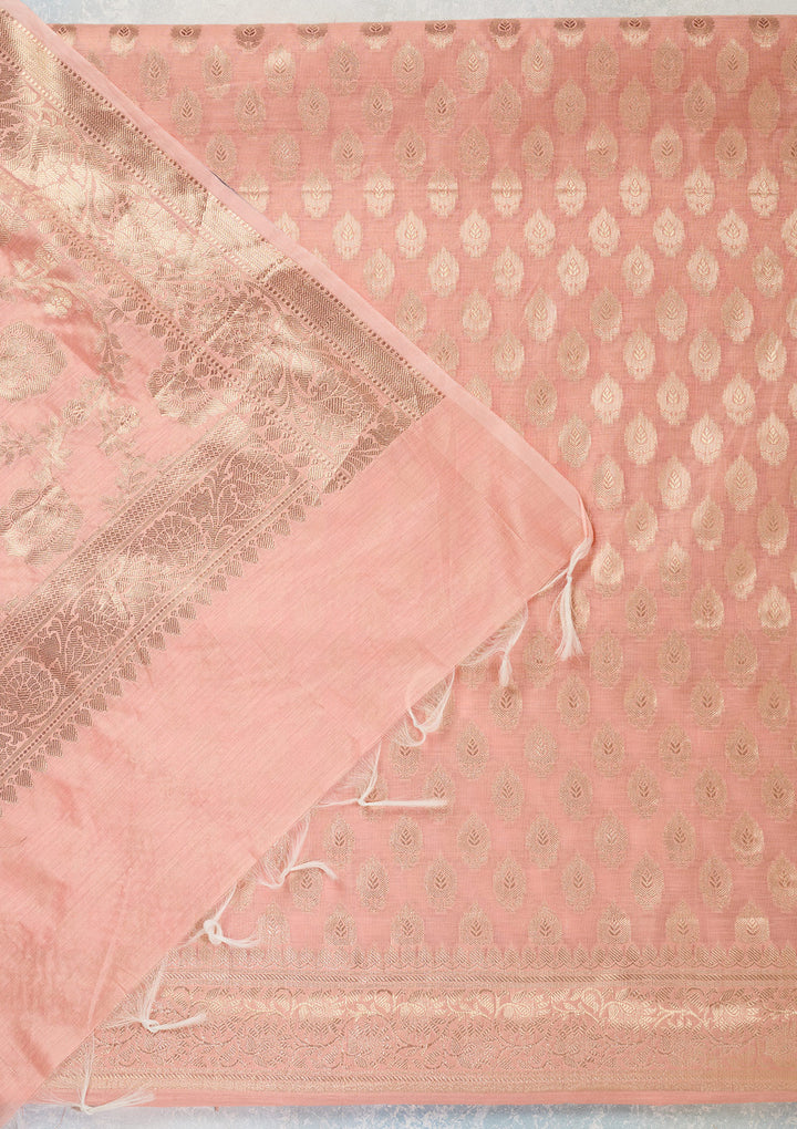 Peach Silk Gold Zariwork Unstitched Dress Material With Matching Bottom And Dupatta