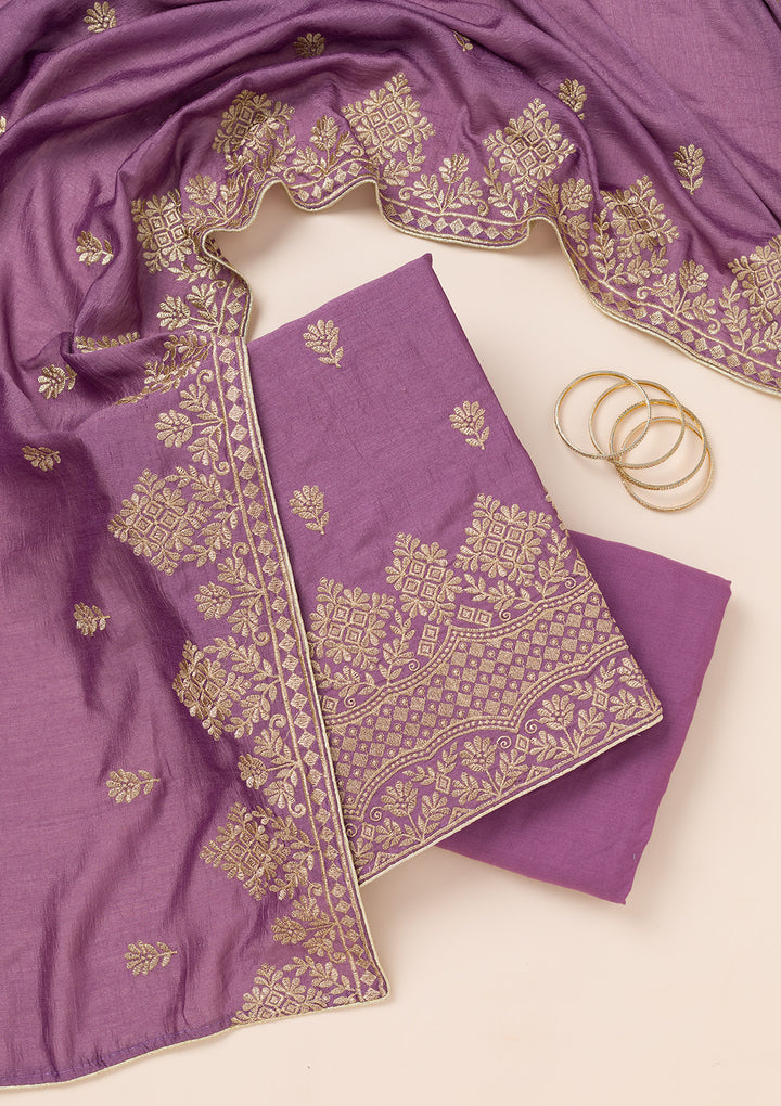 Lavender Soft Raw Silk Swarovski Unstitched Dress Material With Matching Bottom And Dupatta