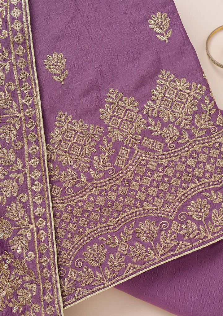Lavender Soft Raw Silk Swarovski Unstitched Dress Material With Matching Bottom And Dupatta