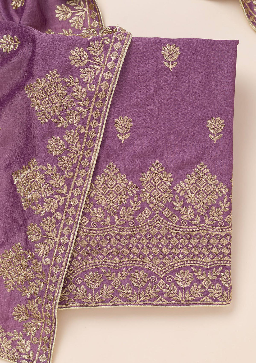 Lavender Soft Raw Silk Swarovski Unstitched Dress Material With Matching Bottom And Dupatta