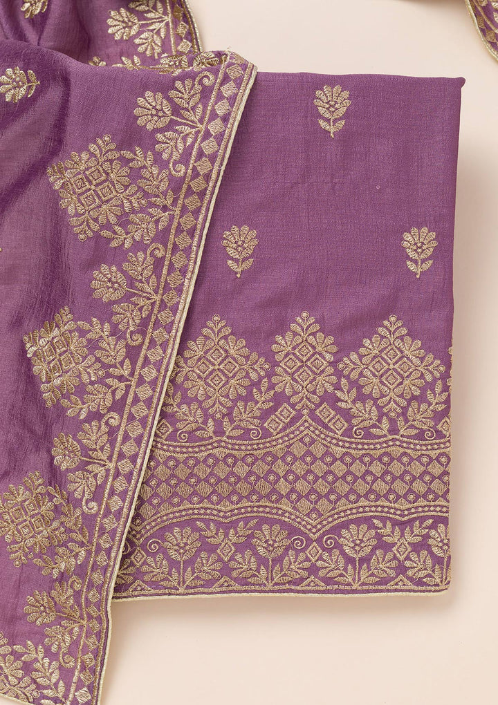 Lavender Soft Raw Silk Swarovski Unstitched Dress Material With Matching Bottom And Dupatta
