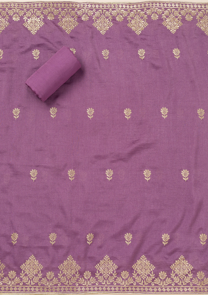 Lavender Soft Raw Silk Swarovski Unstitched Dress Material With Matching Bottom And Dupatta