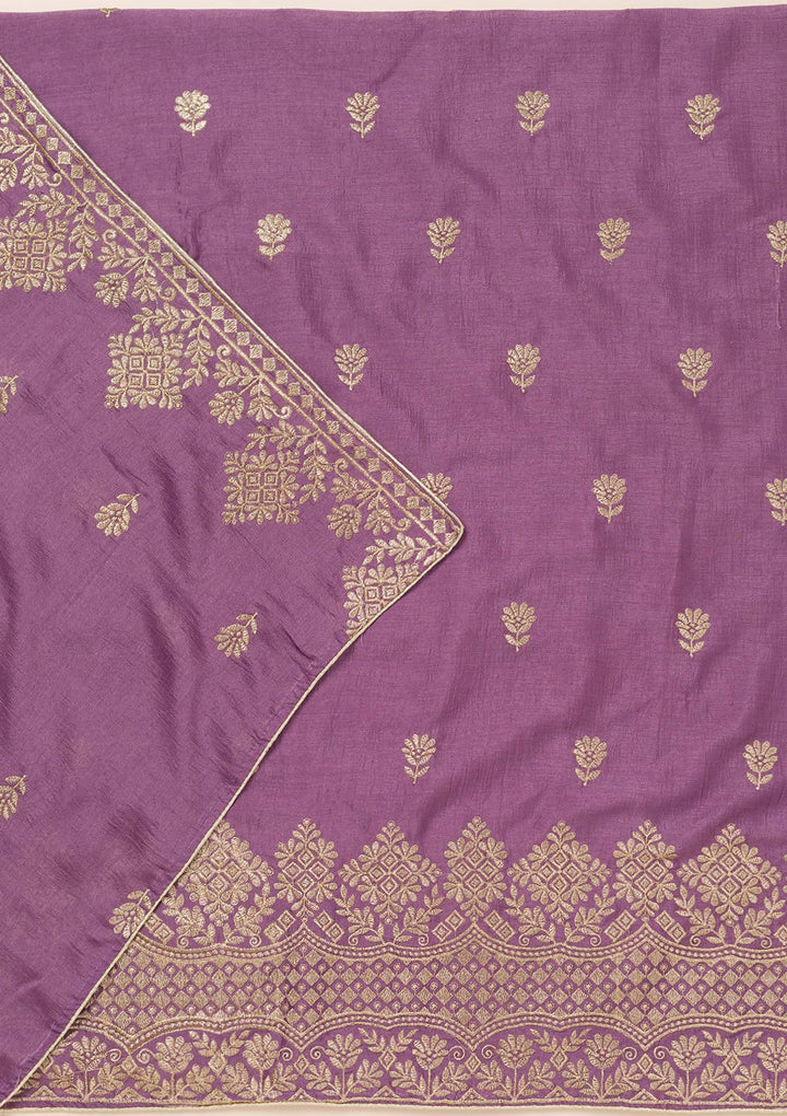 Lavender Soft Raw Silk Swarovski Unstitched Dress Material With Matching Bottom And Dupatta