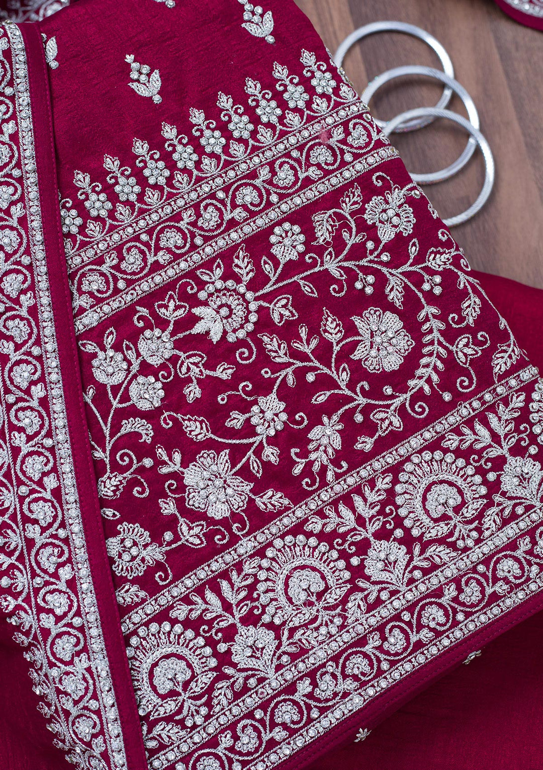 Maroon Soft Raw Silk Cording Unstitched Dress Material With Matching Bottom And Dupatta