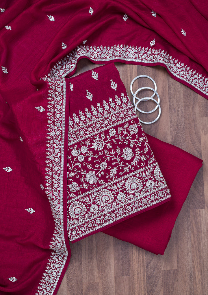 Maroon Soft Raw Silk Cording Unstitched Dress Material With Matching Bottom And Dupatta